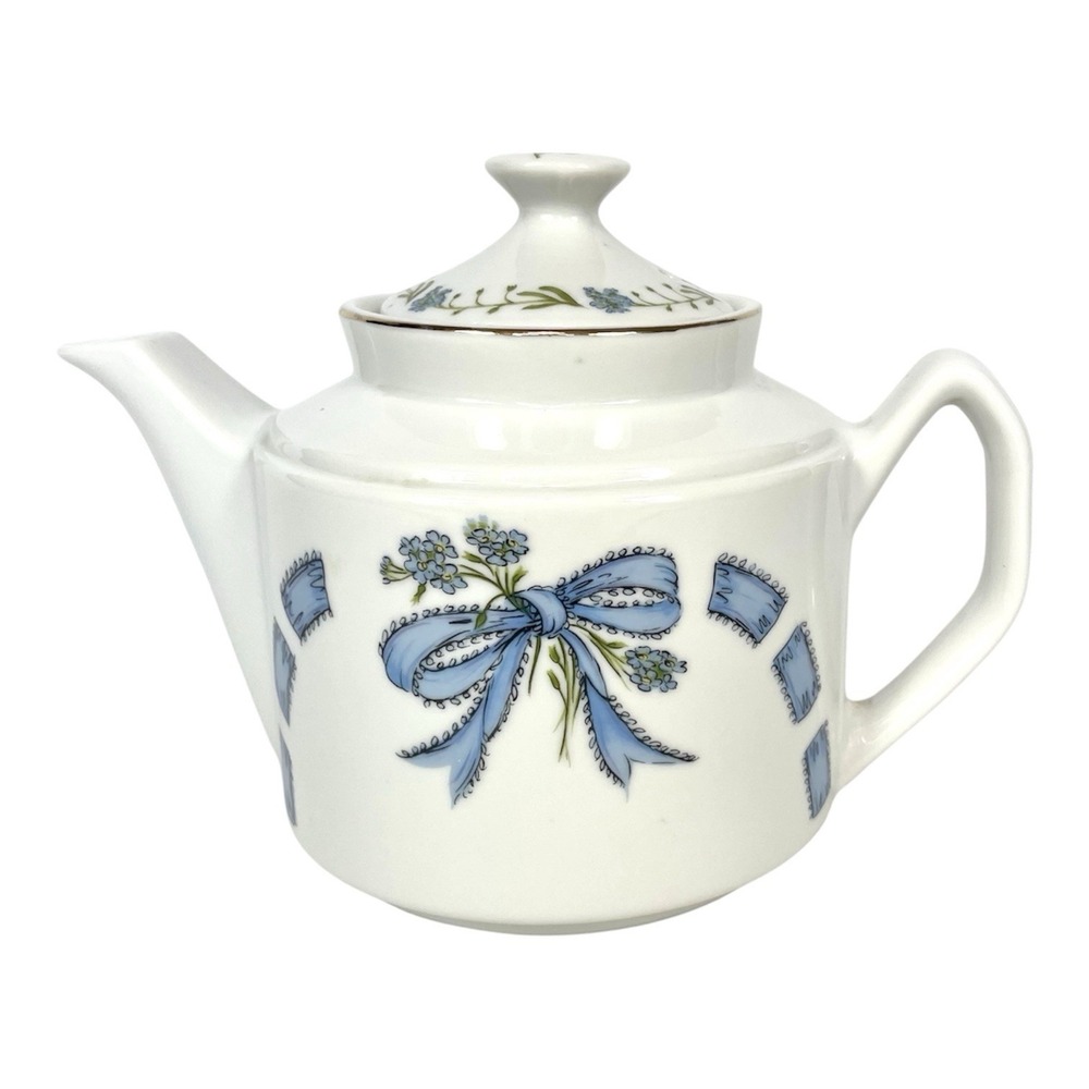 Vintage Enesco Forget Me Nots & Ribbons Porcelain Teapot Japan 1980
